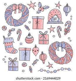 Doodles Christmas elements. Color vector items. Illustration with new year decor. Design for prints and cards