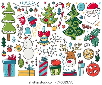 Doodles Christmas elements. Color vector items. Illustration with new year decor. Design for prints and cards.