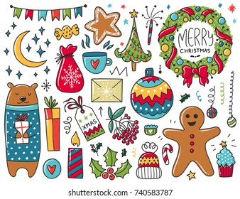 Doodles Christmas elements. Color vector items. Illustration with new year decor. Design for prints and cards.