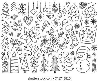 Doodles Christmas elements. Monochrome vector items. Illustration with new year decor. Design for prints and cards.