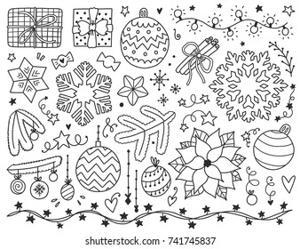 Doodles Christmas elements. Monochrome vector items. Illustration with new year decor. Design for prints and cards.