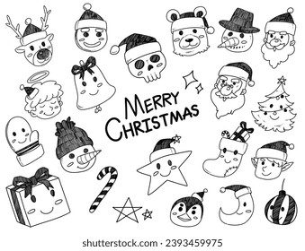 Doodles christmas hand drawn sketch icon vector, simple sketch hand drawn style, face, cartoon, characters