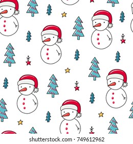 Doodles Christmas seamless pattern. Color vector background, new year theme. Illustration with snowman and tree. Design for T-shirt, textile and prints.