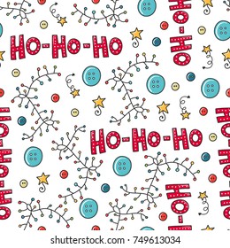 Doodles Christmas seamless pattern. Color vector background, new year theme. Illustration with garland and button. Design for T-shirt, textile and prints.