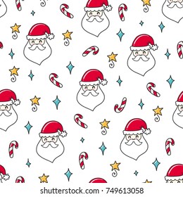 Doodles Christmas seamless pattern. Color vector background, new year theme. Illustration with Santa and star. Design for T-shirt, textile and prints.