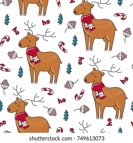 Doodles Christmas seamless pattern. Color vector background, new year theme. Illustration with deer and tree. Design for T-shirt, textile and prints.