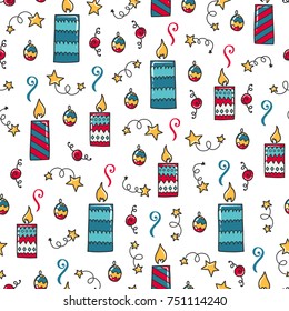 Doodles Christmas seamless pattern. Color vector background, new year theme. Illustration with candle and star. Design for T-shirt, textile and prints.
