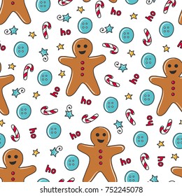 Doodles Christmas seamless pattern. Color vector background, new year theme. Illustration with button and star. Design for T-shirt, textile and prints.