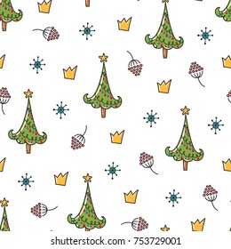 Doodles Christmas seamless pattern. Color vector background, new year theme. Illustration with tree and crown. Design for T-shirt, textile and prints.