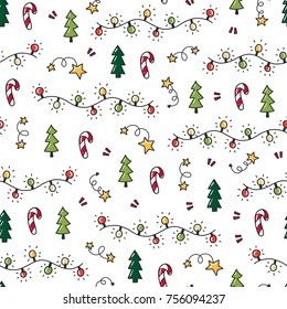 Doodles Navidad sin fisuras. Fondo vectorial de color, tema de año nuevo. Ilustración con guirnalda y árbol. Diseño para pantalones T, textiles e impresiones.