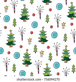 Doodles Christmas seamless pattern. Color vector background, new year theme. Illustration with tree and button. Design for T-shirt, textile and prints.