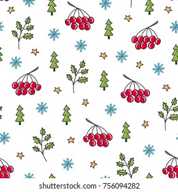Doodles Christmas seamless pattern. Color vector background, new year theme. Illustration with rowan and tree. Design for T-shirt, textile and prints.