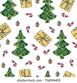 Doodles Christmas seamless pattern. Color vector background, new year theme. Illustration with tree and gift. Design for T-shirt, textile and prints.