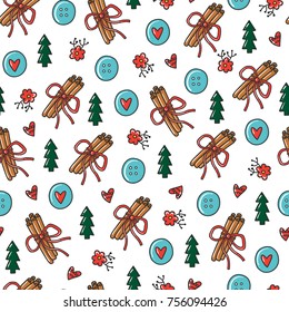 Doodles Christmas seamless pattern. Color vector background, new year theme. Illustration with cinnamon and tree. Design for T-shirt, textile and prints.