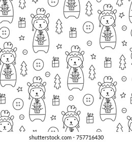 Doodles Christmas seamless pattern. Monochrome vector background, new year theme. Illustration with bear and tree. Design for T-shirt, textile and prints.
