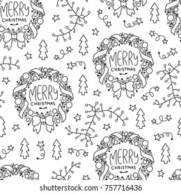 Doodles Christmas seamless pattern. Monochrome vector background, new year theme. Illustration with garland and tree. Design for T-shirt, textile and prints.