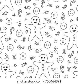Doodles Christmas seamless pattern. Monochrome vector background, new year theme. Illustration with button and star. Design for T-shirt, textile and prints.