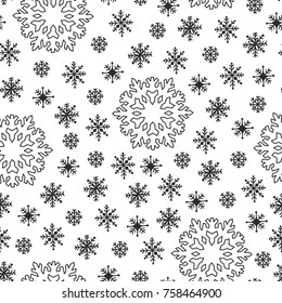 Doodles Christmas seamless pattern. Monochrome vector background, new year theme. Illustration with snowflake. Design for T-shirt, textile and prints.