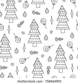 Doodles Christmas seamless pattern. Monochrome vector background, new year theme. Illustration with tree and ball. Design for T-shirt, textile and prints.