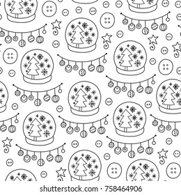 Doodles Christmas seamless pattern. Monochrome vector background, new year theme. Illustration with ball and tree. Design for T-shirt, textile and prints.