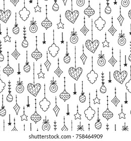 Doodles Christmas seamless pattern. Monochrome vector background, new year theme. Illustration with toy and star. Design for T-shirt, textile and prints.