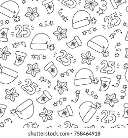 Doodles Christmas seamless pattern. Monochrome vector background, new year theme. Illustration with hat and star. Design for T-shirt, textile and prints.