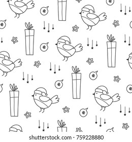 Doodles Christmas seamless pattern. Monochrome vector background, new year theme. Illustration with bird and gift. Design for T-shirt, textile and prints.