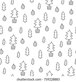 Doodles Christmas seamless pattern. Monochrome vector background, new year theme. Illustration with tree and ball. Design for T-shirt, textile and prints.