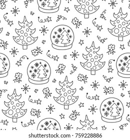 Doodles Christmas seamless pattern. Monochrome vector background, new year theme. Illustration with tree and star. Design for T-shirt, textile and prints.