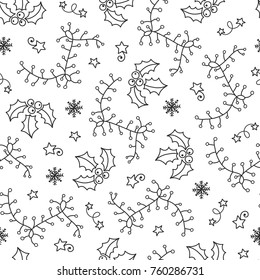 Doodles Christmas seamless pattern. Monochrome vector background, new year theme. Illustration with Holly berry and garland. Design for T-shirt, textile and prints.
