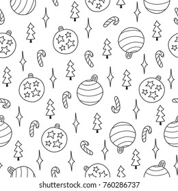 Doodles Christmas seamless pattern. Monochrome vector background, new year theme. Illustration with ball and tree. Design for T-shirt, textile and prints.