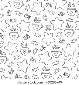 Doodles Christmas seamless pattern. Monochrome vector background, new year theme. Illustration with star and cup. Design for T-shirt, textile and prints.