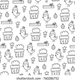Doodles Christmas seamless pattern. Monochrome vector background, new year theme. Illustration with gift and bird. Design for T-shirt, textile and prints.