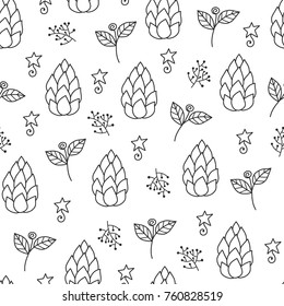 Doodles Christmas seamless pattern. Monochrome vector background, new year theme. Illustration with star and leaf. Design for T-shirt, textile and prints.