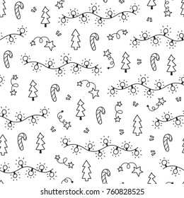 Doodles Christmas seamless pattern. Monochrome vector background, new year theme. Illustration with garland and tree. Design for T-shirt, textile and prints.