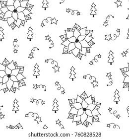Doodles Christmas seamless pattern. Monochrome vector background, new year theme. Illustration with Poinsettia and star. Design for T-shirt, textile and prints.
