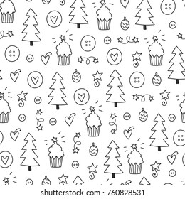 Doodles Christmas seamless pattern. Monochrome vector background, new year theme. Illustration with tree and cake. Design for T-shirt, textile and prints.
