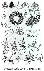 Doodles with Christmas tree, Christmas balls, decoration for the Christmas, deer, icicles, winter symbols, holiday, black and white, sketch