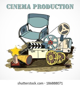 Doodles cinema movie video production poster template with director chair award and clapper decorative poster vector illustration