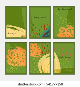 Doodles circles scribbles green yellow.Hand drawn creative invitation greeting cards.Poster placard flayer design templates. Anniversary Birthday wedding party cards.Isolated on layer.