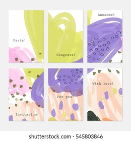 Doodles circles scribbles purple white.Hand drawn creative invitation greeting cards.Poster placard flayer design templates. Anniversary Birthday wedding party cards.Isolated on layer.