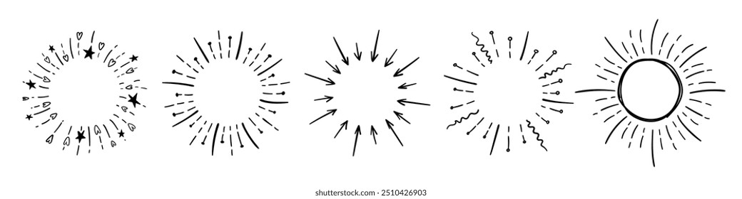 Doodles of circular drawings of fireworks, burst, explosions, sun rays. Hand drawn vector illustration.