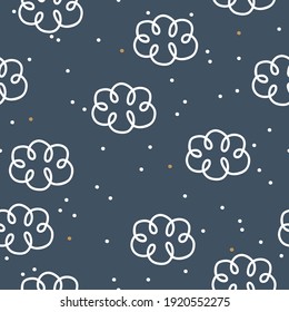 Doodles clouds seamless pattern on dark blue background. Kids texture for fabric, wrapping, textile, wallpaper, apparel.