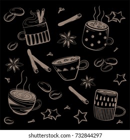 Doodles coffee set. Vector Illustration for breakfast isolated on black background
