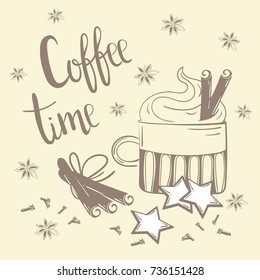 Doodles coffee set. Vector Illustration for breakfast. Coffee time text. Chalk coffee, cinnamon and carnation on creamy background