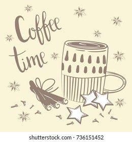 Doodles coffee set. Vector Illustration for breakfast. Coffee time text. Chalk coffee, cinnamon and carnation on creamy background