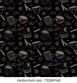 Doodles coffee set. Vector pattern for coffee breakfast on black background