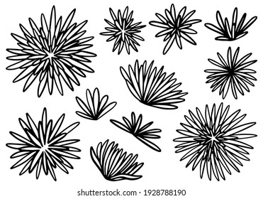 Doodles collection of abstract chrysanthemums flowers. Hand drawn vector illustrations. Black outline cliparts isolated on white. Simple botanical elements for design, cards, print, decor, stickers.