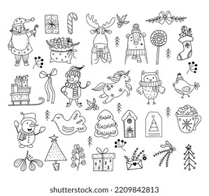Doodles collection Christmas characters and decor. Cute Santa Claus, snowman, unicorn, bear and owl, elk and bird, christmas tree and gingerbread, sleigh, gift bag, dessert. Isolated Vector Linear.
