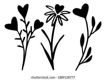 Doodles collection of cute flowers with hearts. Hand drawn vector illustrations. Romantic botanical sketches elements isolated on white. Contour drawings for st Valentine holiday design, prints, cards